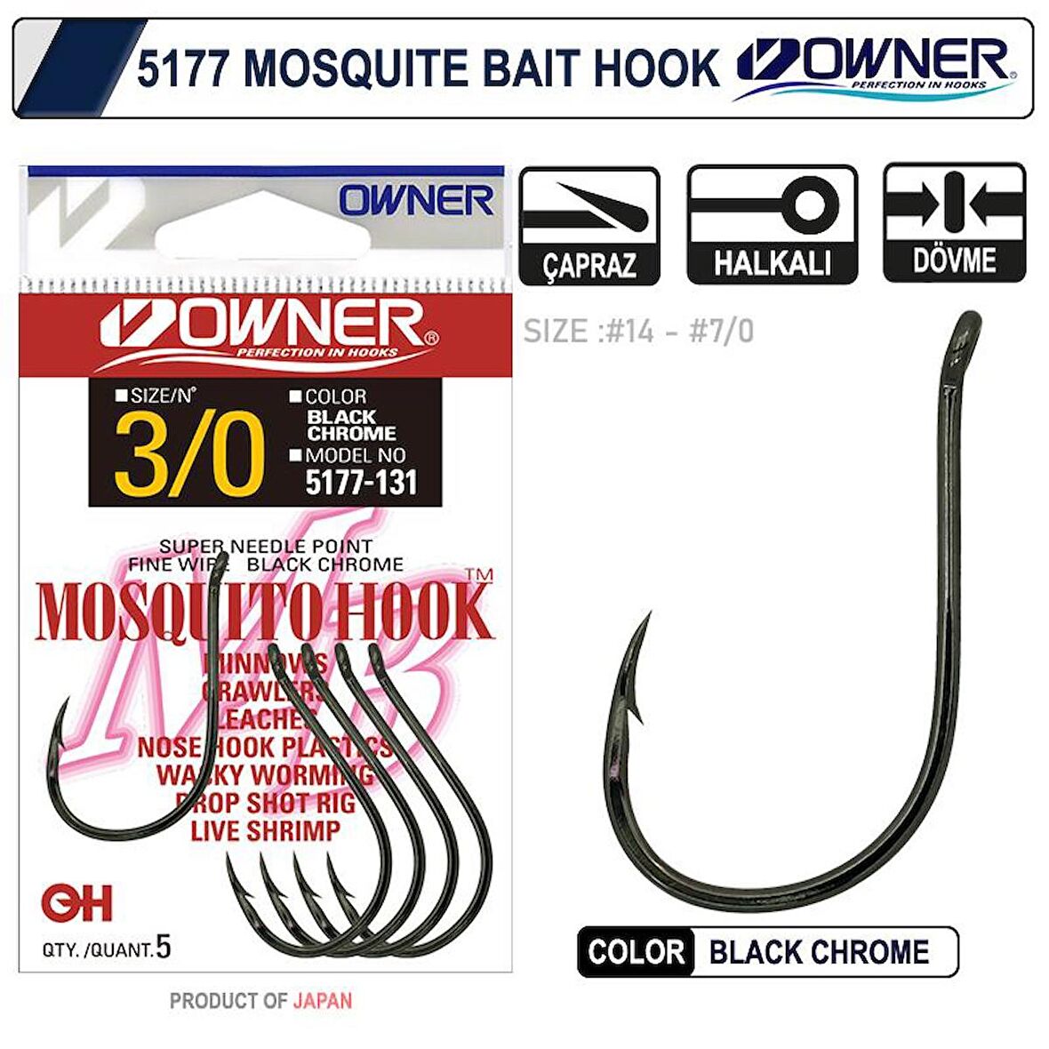 Owner 5177 Mosquito Hook Black Chrome Sinek İğne