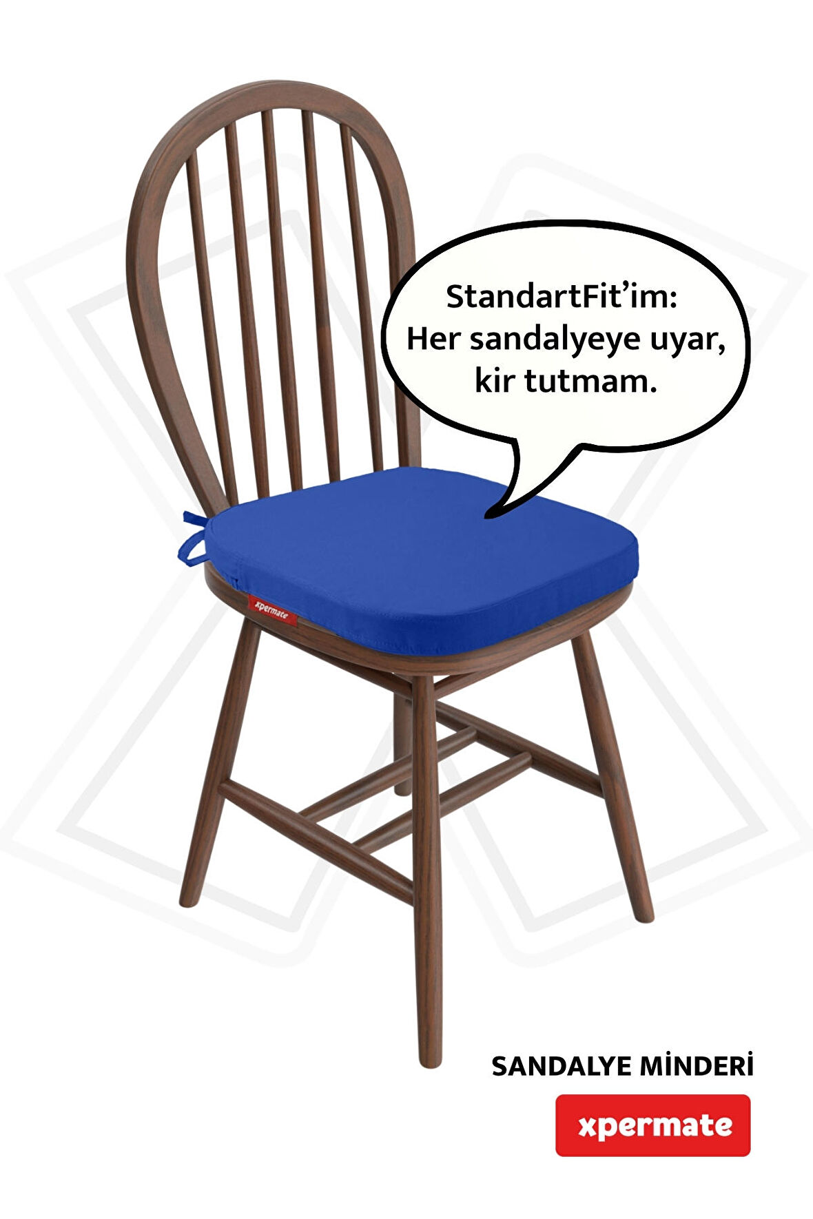 XPERMATE StandartFit Oval Sandalye Minderi Fermuarlı Yıkanabilir Kılıf Bağcıklı Su ve Yağ İtici 42x42x5 Mavi