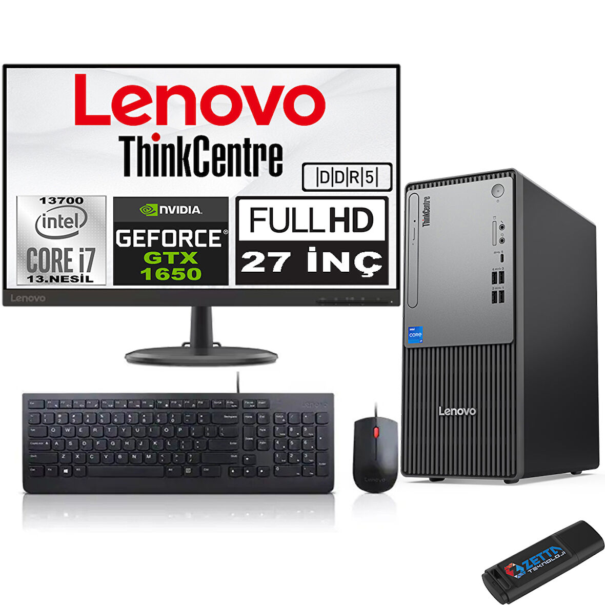 Lenovo Thinkcentre Neo 50T Gen5 Intel Core I7 13700 48GB Ddr5 256GB SSD 27 Inç Monitör Freedos Nvidia GTX1650 16502712UB000LTRF16+ZETTA Flash Bellek