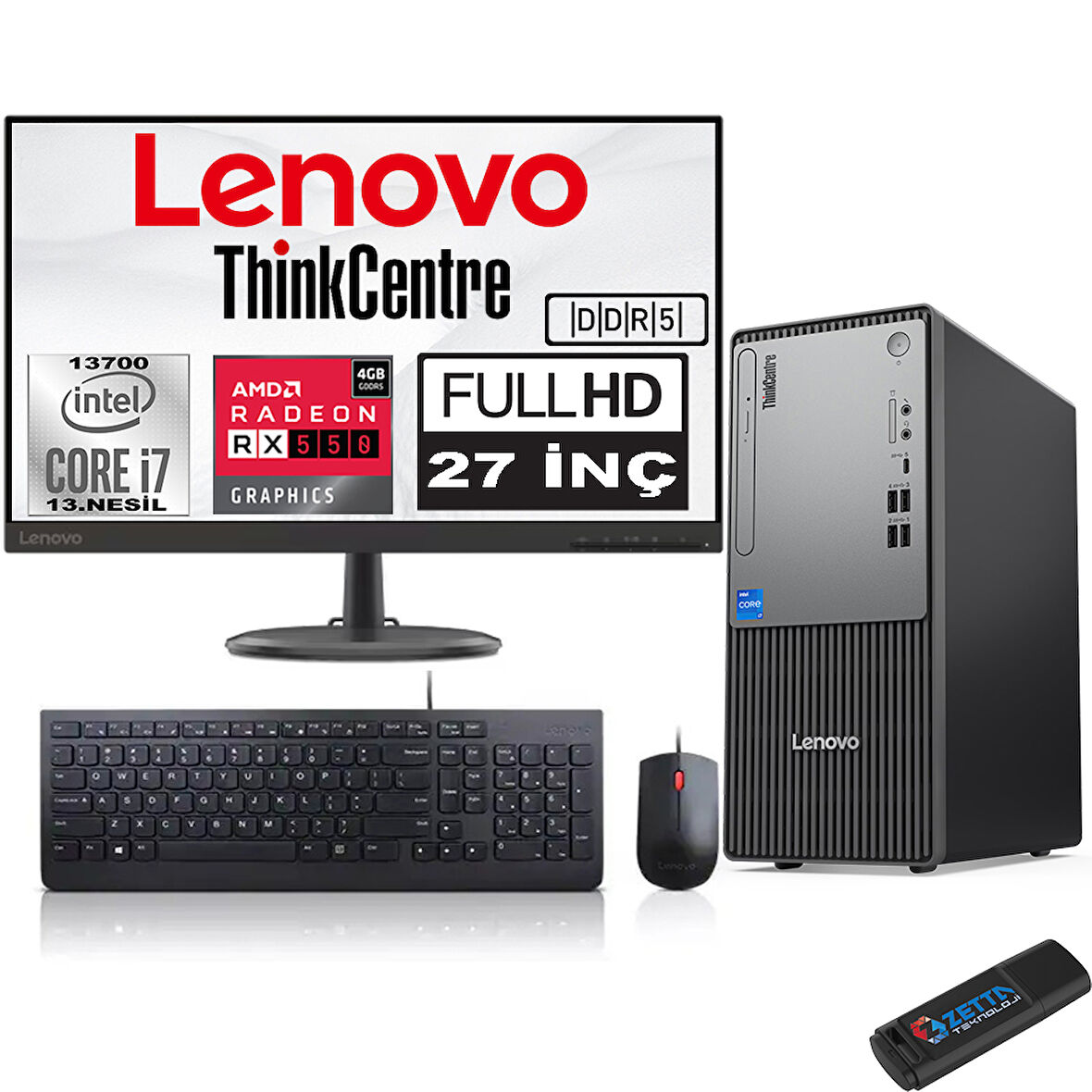 Lenovo Thinkcentre Neo 50T Gen5 Intel Core I7 13700 16GB Ddr5 2tb SSD 27 Inç Monitör Freedos Radeon RX550 5502712UB000LTRF04+ZETTA Flash Bellek