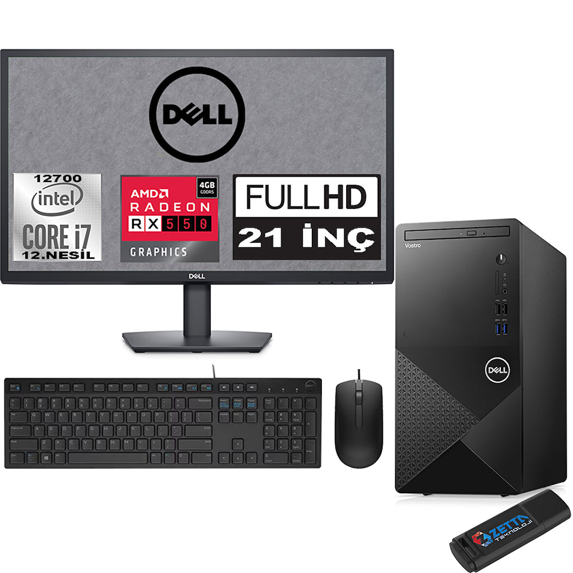 Dell Vostro 3910 MT Intel Core I7 12700 16GB 512GB SSD 21.5" FHD Windows 11 Pro AMD RX550-4GB Masaüstü Bilgisayar 21N3910RX550P07 + Zetta USB Bellek