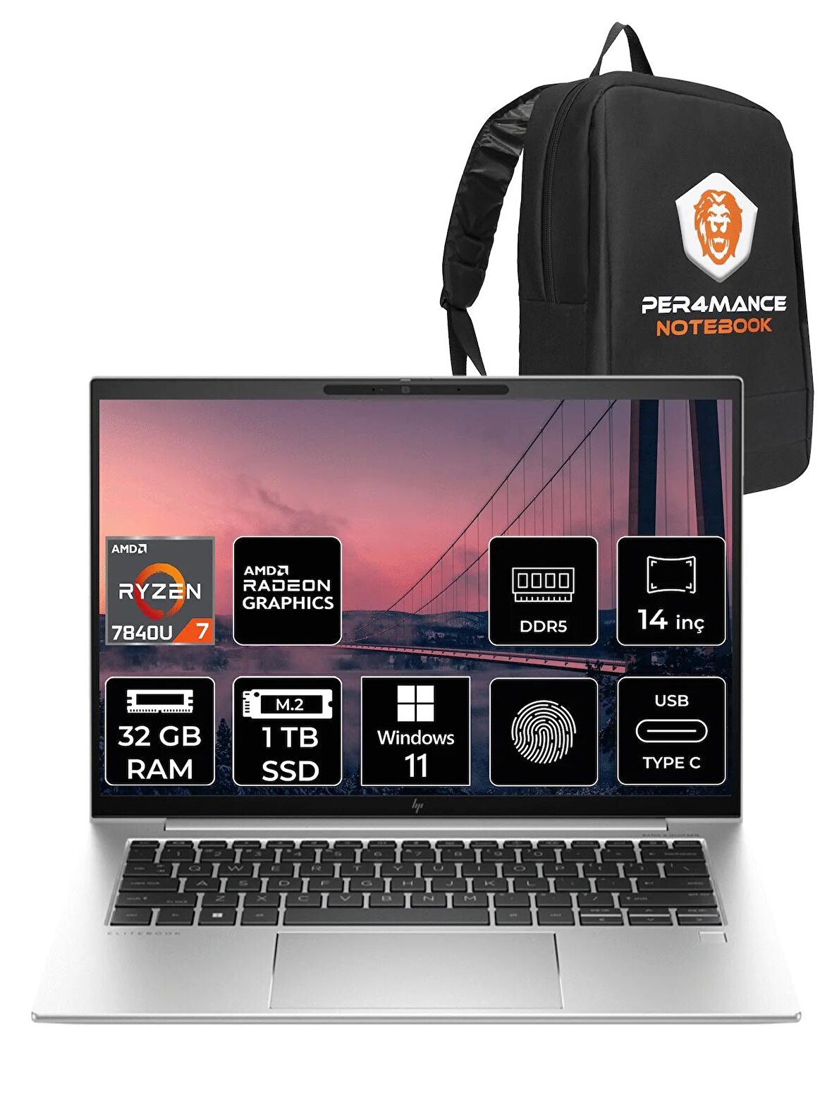 HP EliteBook 845 G10 Ryzen 7 7840U 32GB RAM 1TB SSD 14'' WUXGA W11PRO 8A3T0EA & PER4 ÇANTA