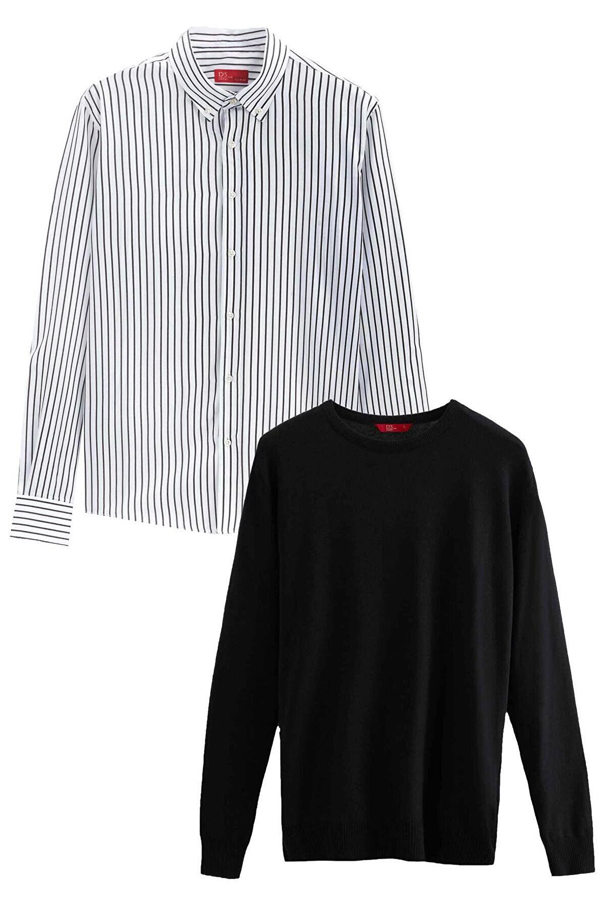 Ds Damat Slim Fit Siyah Pamuk Karışımlı 2'Li Bisiklet Yaka Gömlek Ve Kazak 3HC06ORTKBN01