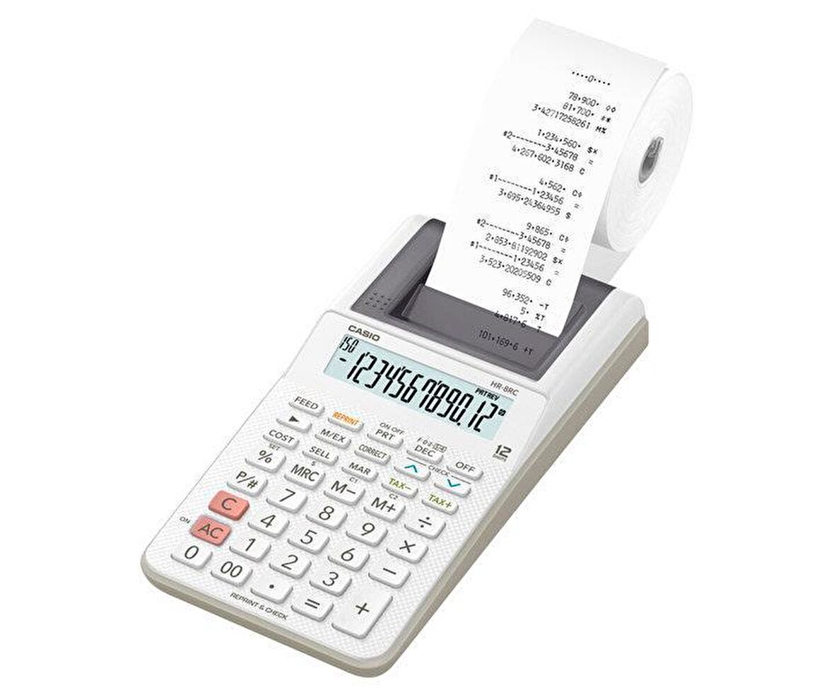 Casio HR-8RC-WE 12 Hane Beyaz Şeritli Hesap Makinesi