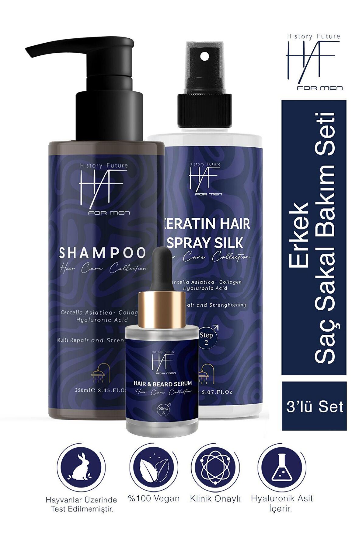 Erkek 3'lü Saç Sakal Bakım Seti:Dökülme Karşıtı Şampuan+Keratin Saç Spreyi+ Saç Sakal Serumu