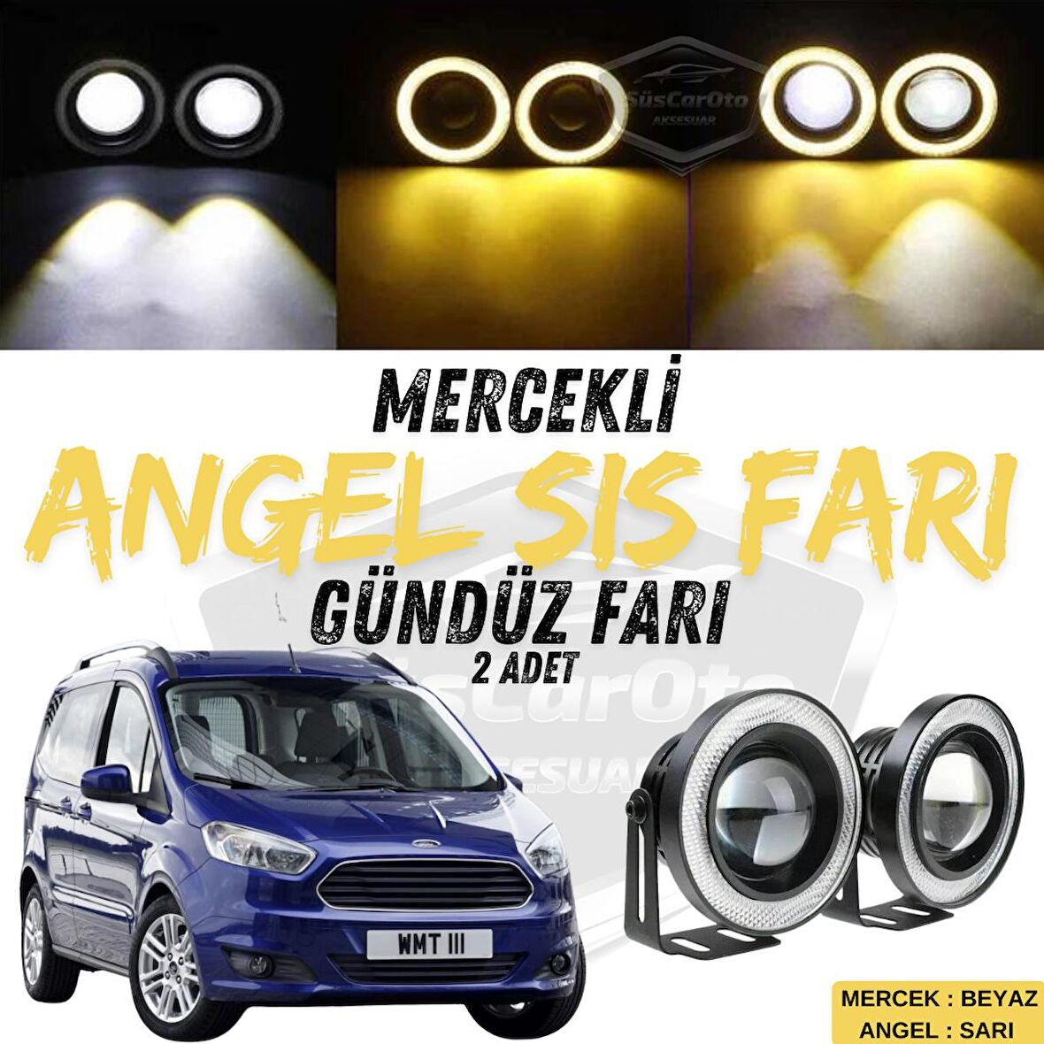 Ford Courier 2014-2023 Uyumlu Üniversal Mercekli Angel Sis Farı Metal Su Geçirmez 76 mm Sarı Halkalı Gündüz Farı Angel Eyes 2 Adet