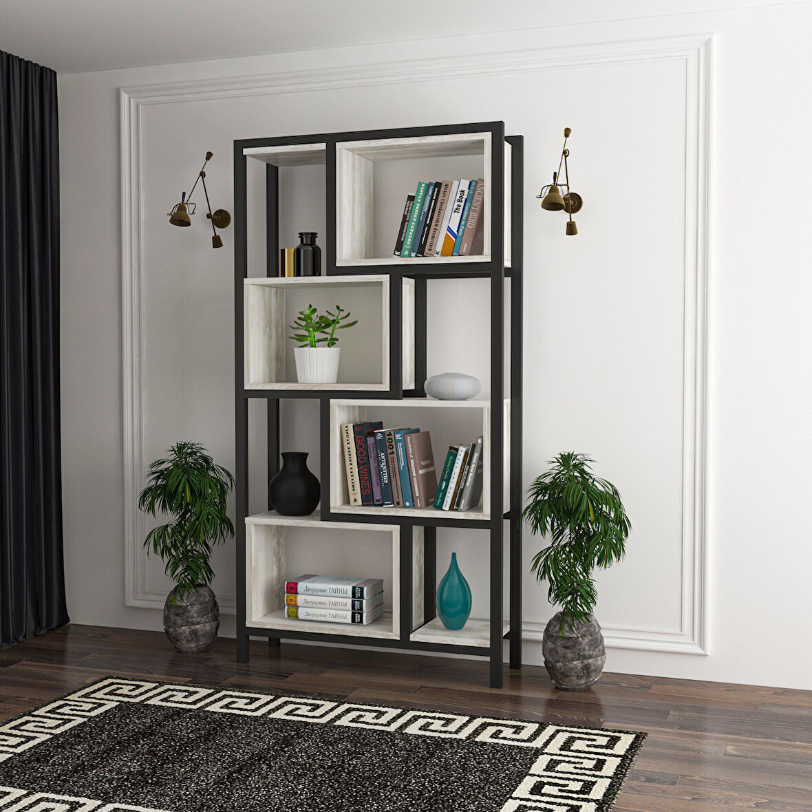 Oykotra Serisi Kitaplık 5 Büyük Raflı 90 cm Ceviz Desen Siyah Metal Ayak Kitaplık