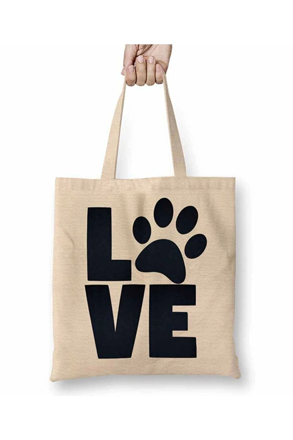 Love Dog Pug Cat Kedi Köpek Beyaz Bez Çanta Uzun Saplı Alışveriş Çantası Plaj Çantası