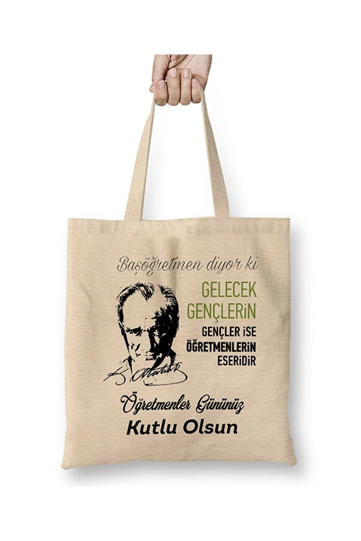 Atatürk Öğretmenler Günü Öğretmene Hediye Beyaz Bez Çanta Uzun Saplı Alışveriş Çantası Plaj Çantası