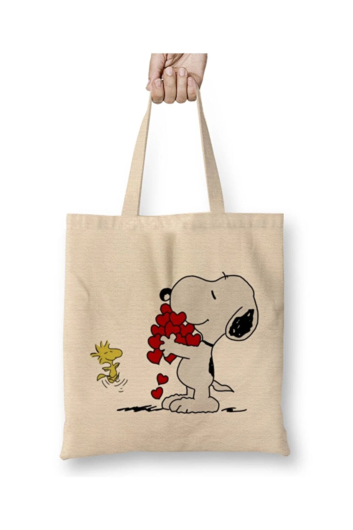 Snoopy And Woodstock Hugging Love Aşk Beyaz Bez Çanta Uzun Saplı Alışveriş Çantası Plaj Çantası