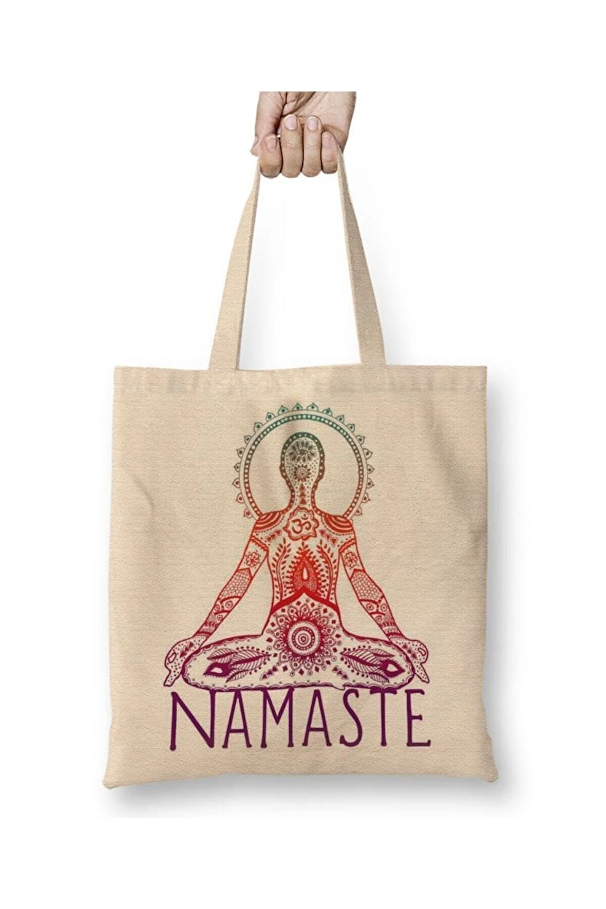 Namaste Yoga Beyaz Bez Çanta Uzun Saplı Alışveriş Çantası Plaj Çantası