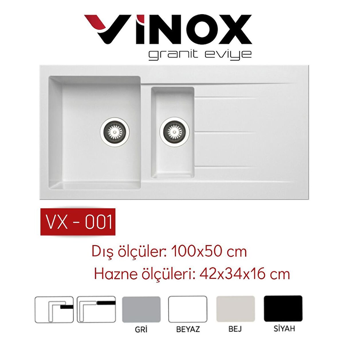 Vinox Beyaz 1,5 Göz Granit Eviye 50x100 Cm Vx-001