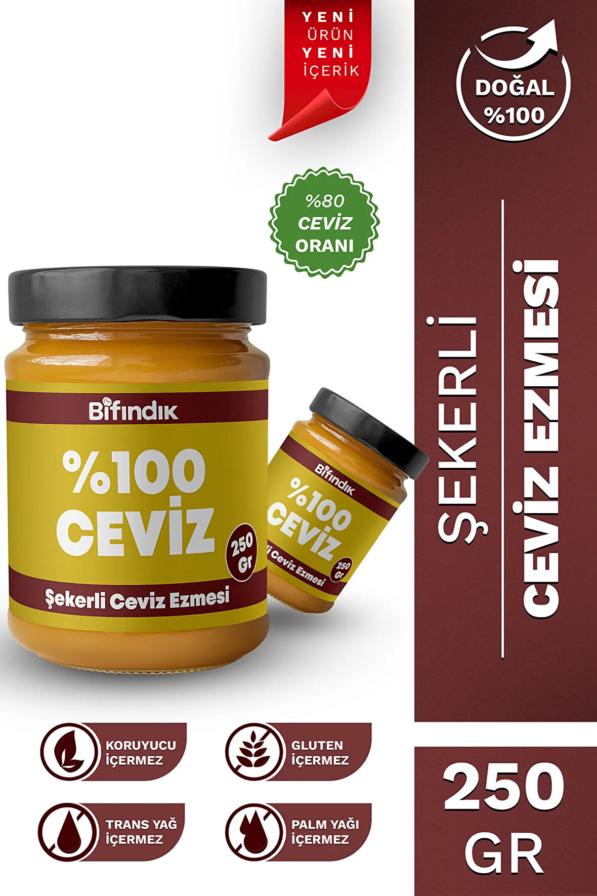 Şekerli Ceviz Ezmesi Taze Çekim Doğal Sürülebilir Kahvaltılık %80 Ceviz Ezmesi 250 gram