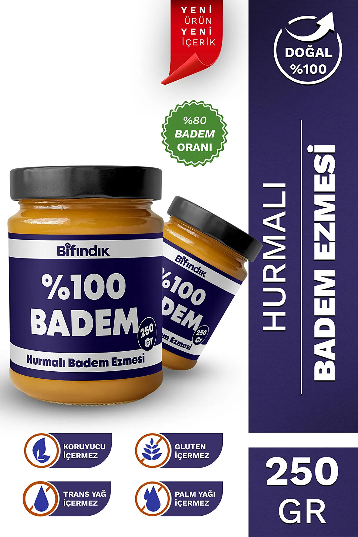 Hurmalı Badem Ezmesi Katkısız Taze Çekim Doğal Sürülebilir Kahvaltılık %80 Badem Ezmesi 250 gram