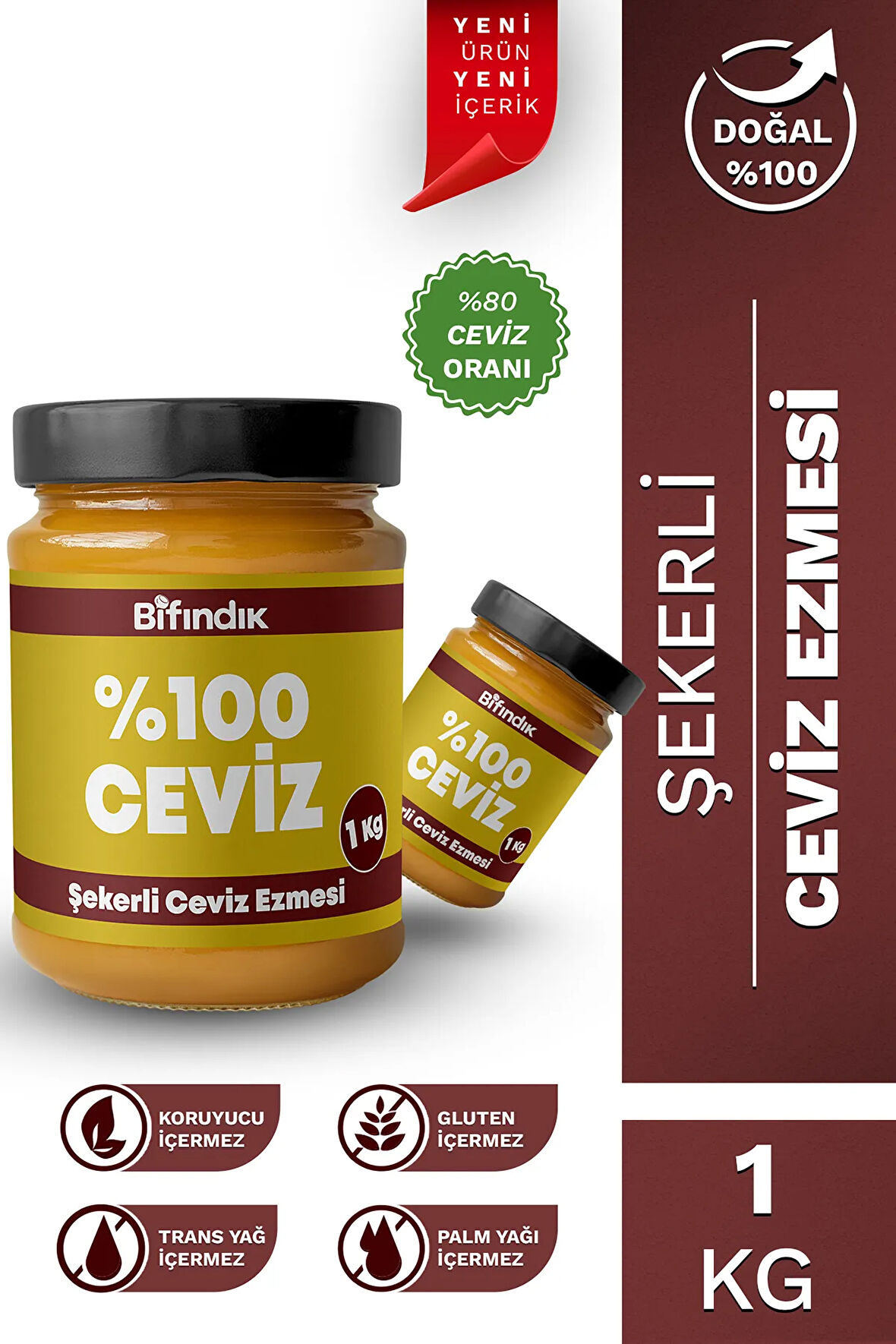 Şekerli Ceviz Ezmesi Taze Çekim Doğal Sürülebilir Kahvaltılık %80 Ceviz Ezmesi 1 Kilogram