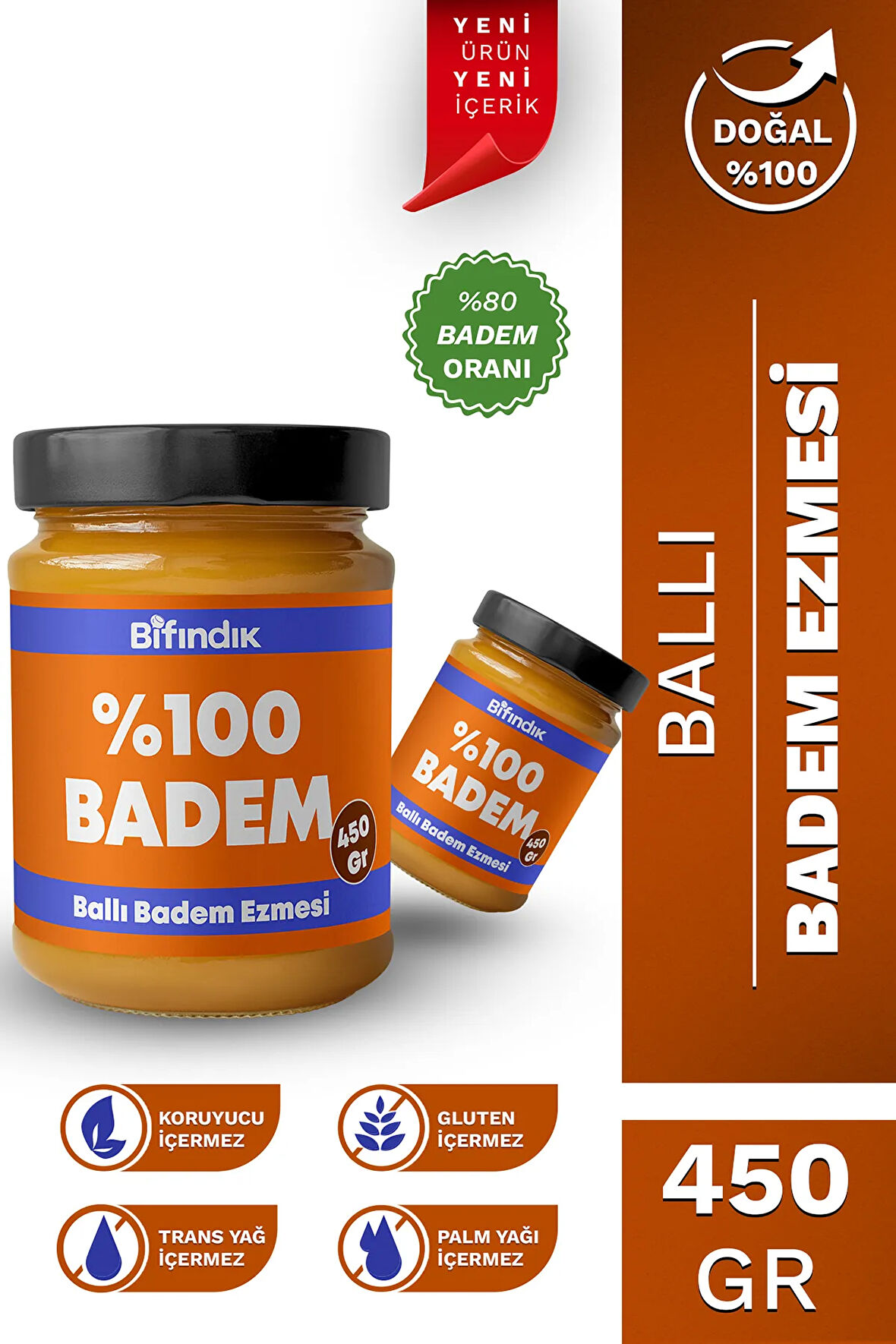 Ballı Badem Ezmesi Katkısız Taze Çekim Doğal Sürülebilir Kahvaltılık %80 Badem Ezmesi 450 gram