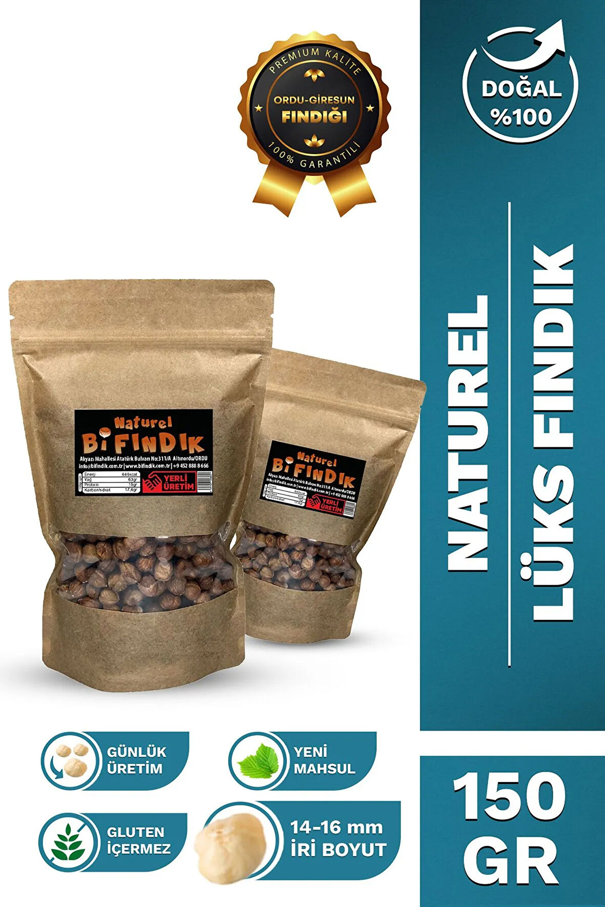 TUZSUZ NATUREL İÇ FINDIK BÜYÜK BOY FINDIK İÇİ ÇİĞ %100 TAZE LEZZETLİ 1.KALİTE DOYPACK 150 GR