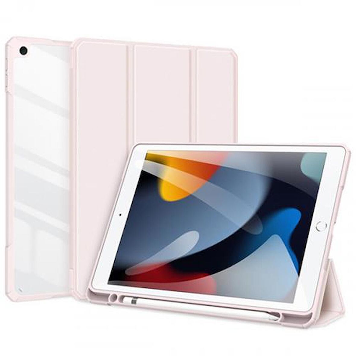 Polham Apple iPad 7, 8, 9 İçin 10.2 İnc Arkası Şeffaf Kapaklı Tablet Kılıfı,Kalem Bölmeli,Uyku Modlu