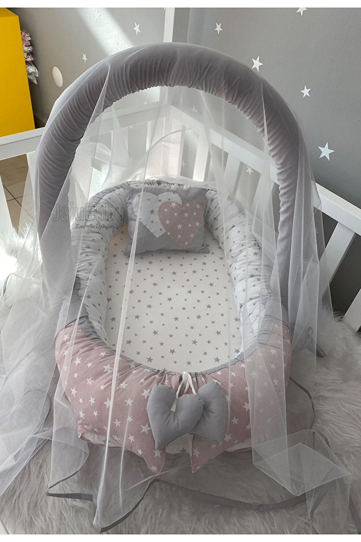 Babynest Pudra Yıldız Desenli Cibinlik Tüllü Ve Oyuncak Askılı Lüx Tasarım Jaju-babynest Anne Yanı