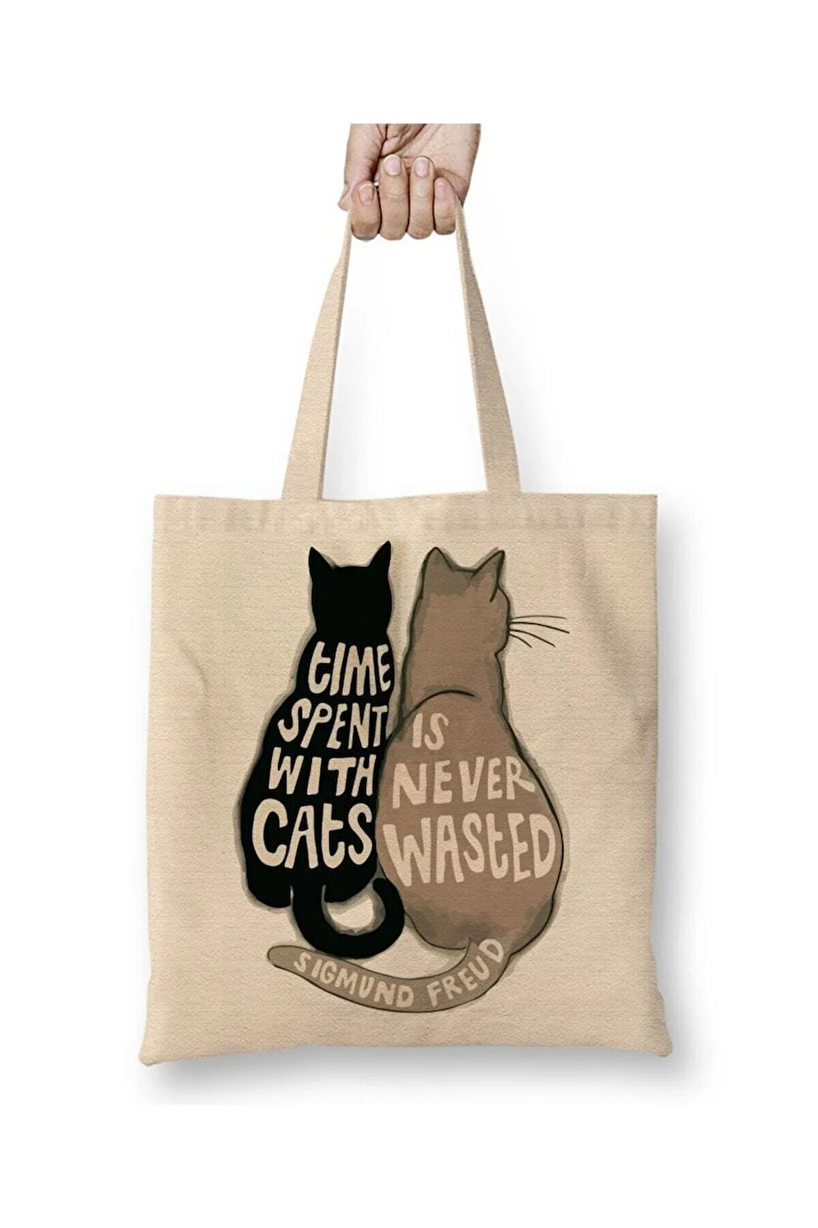 Cats Kedi Sigmund Freud Beyaz Bez Çanta Uzun Saplı Alışveriş Çantası Plaj Çantası