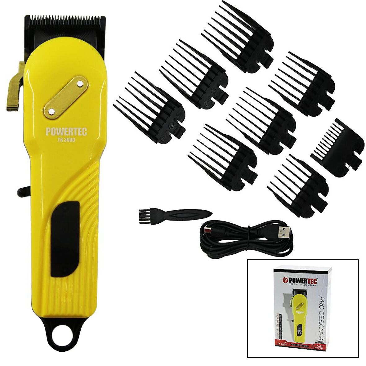Saç - Sakal Kesme Tıraş Makinesi  Sari - Siyah Gövde - Usb Şarjli Göstergeli - Tarak Ayar Mandalli Pro-Tr-3000 (4987)