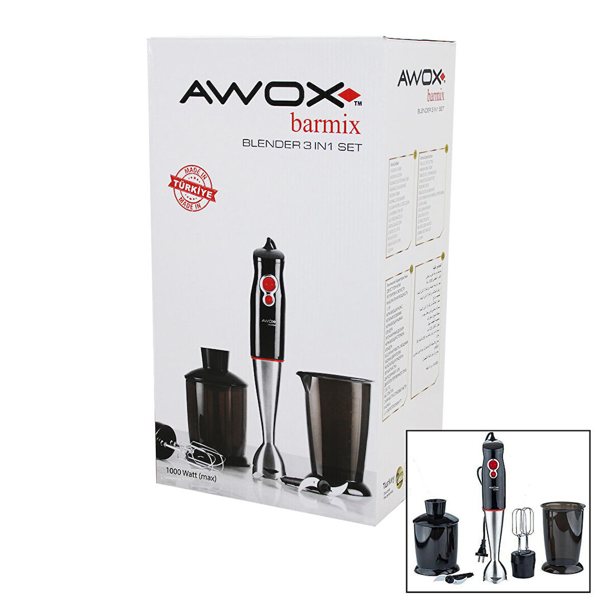 AWOX BARMİX  3İN1  BLENDER SETİ  ÇELİK 2Lİ MİKSER   ÇELİK RONDO BIÇAK   ÇELİK 4 KANATLI BIÇAK   1000W (4987)