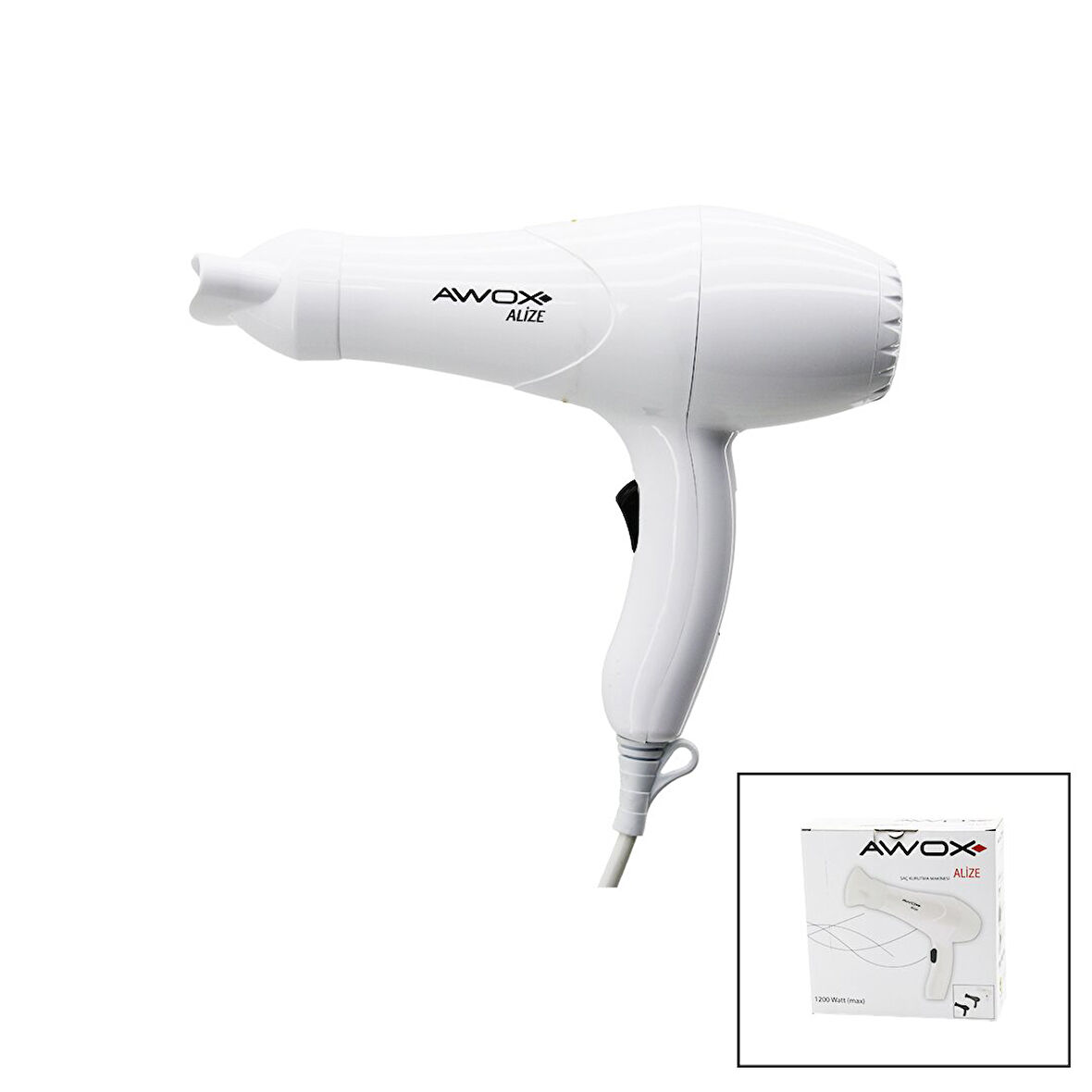 AWOX ALİZE  BEYAZ  SAÇ KURUTMA - FÖN MAKİNESİ  + DAR ŞEKİLLENDİRİCİ BAŞLIK   2 KADEME ISI AYARI   1200W (4987)