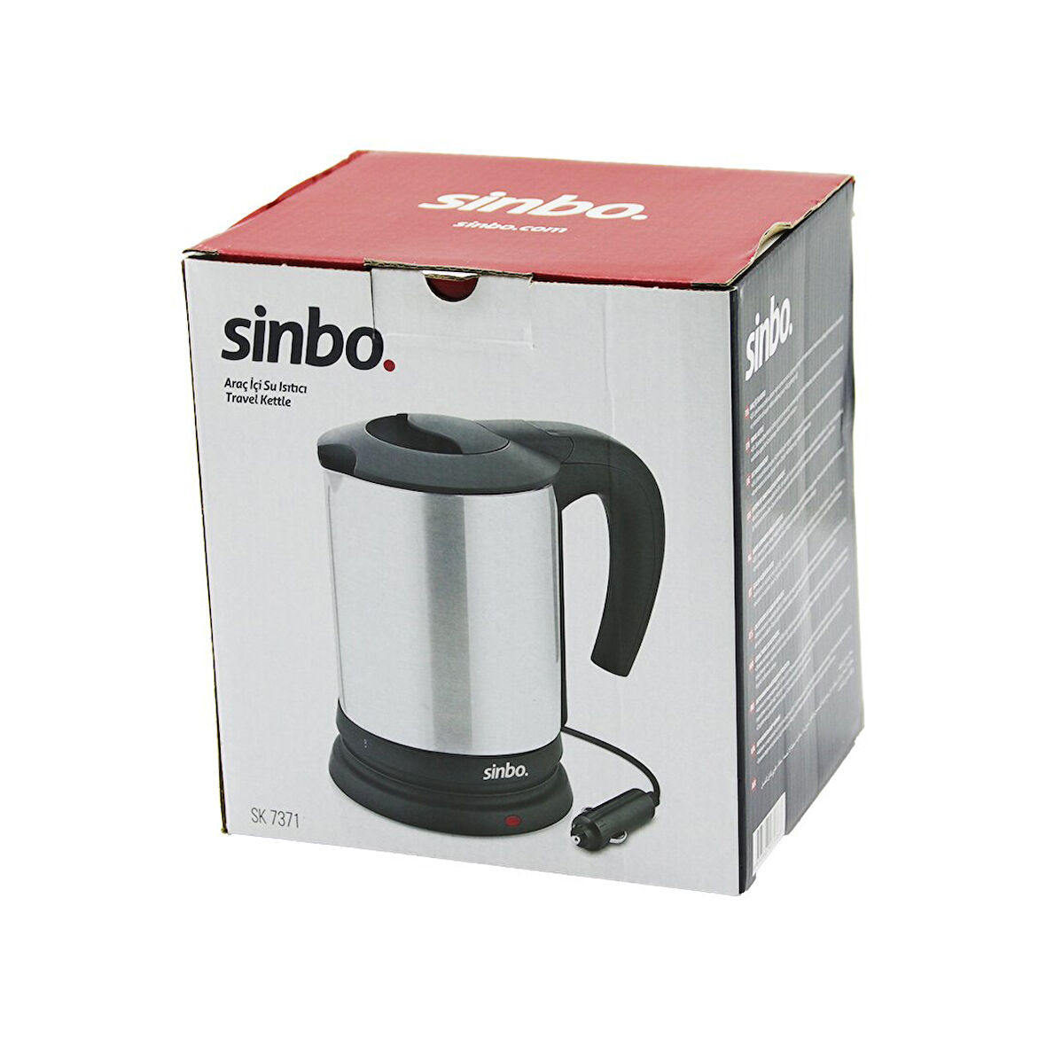 SİNBO SK-7371  12V  ARAÇ İÇİ KETTLE  PASLANMAZ ÇELİK  SU ISITICISI  0.8LT   120W   ÇAKMAKLIK FİŞLİ   PLASTİK KAPAK - KULP (4987)