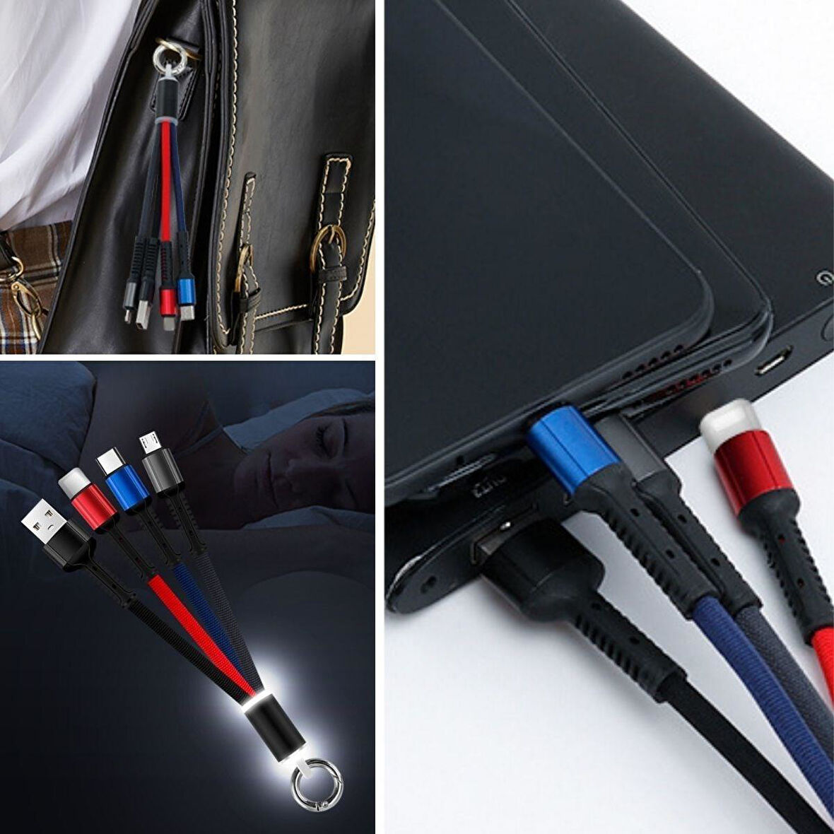 Işıklı Anahtarlık Model 3 in 1 USB Çıkışlı MİKRO,TYPE-C ve İphone Uyumlu Şarj Kablosu (4987)