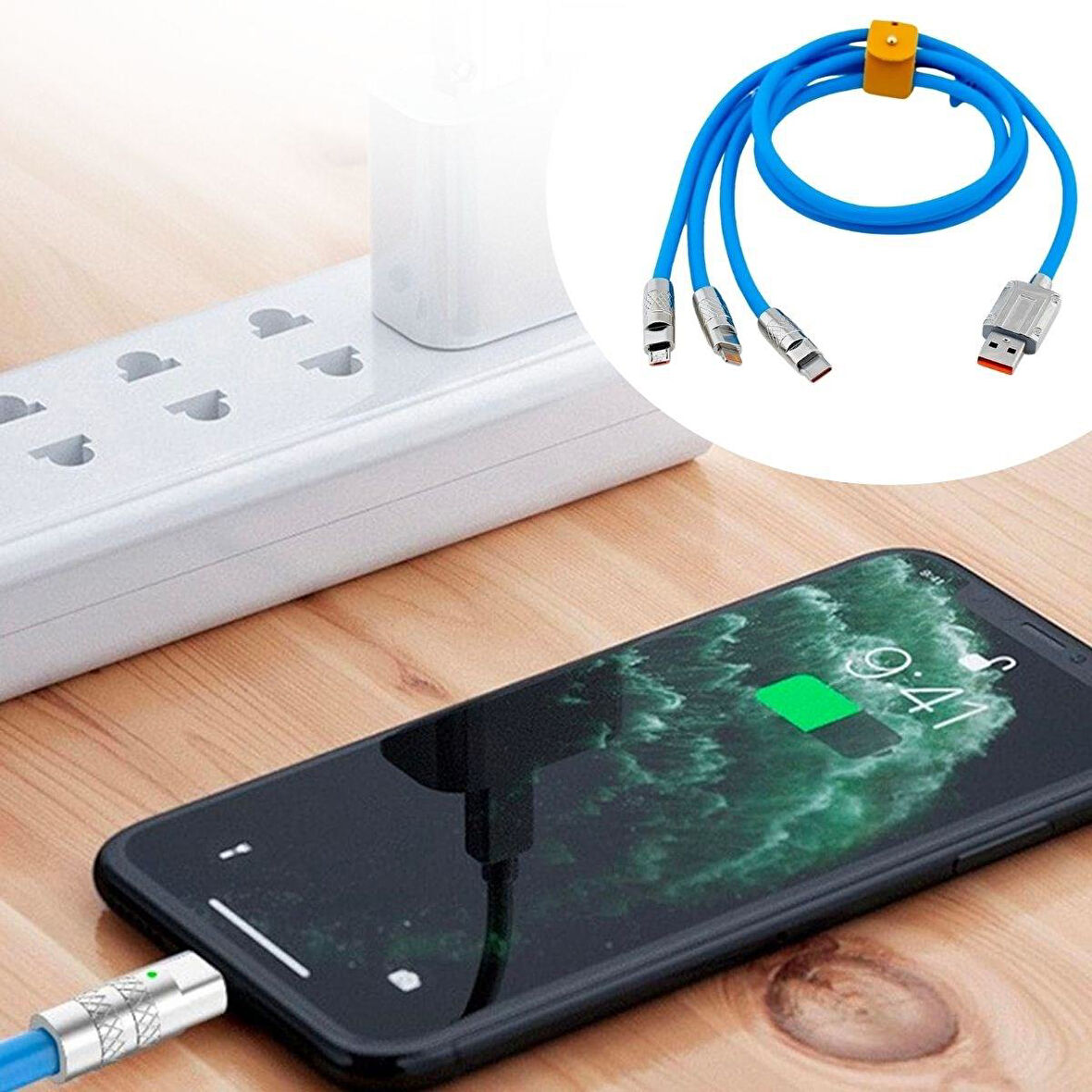 Kutulu  3 Şarj Aleti 1 Arada Çinko Alaşım Hızlı Şarj Kablosu Mavi 3 in 1 (4987)