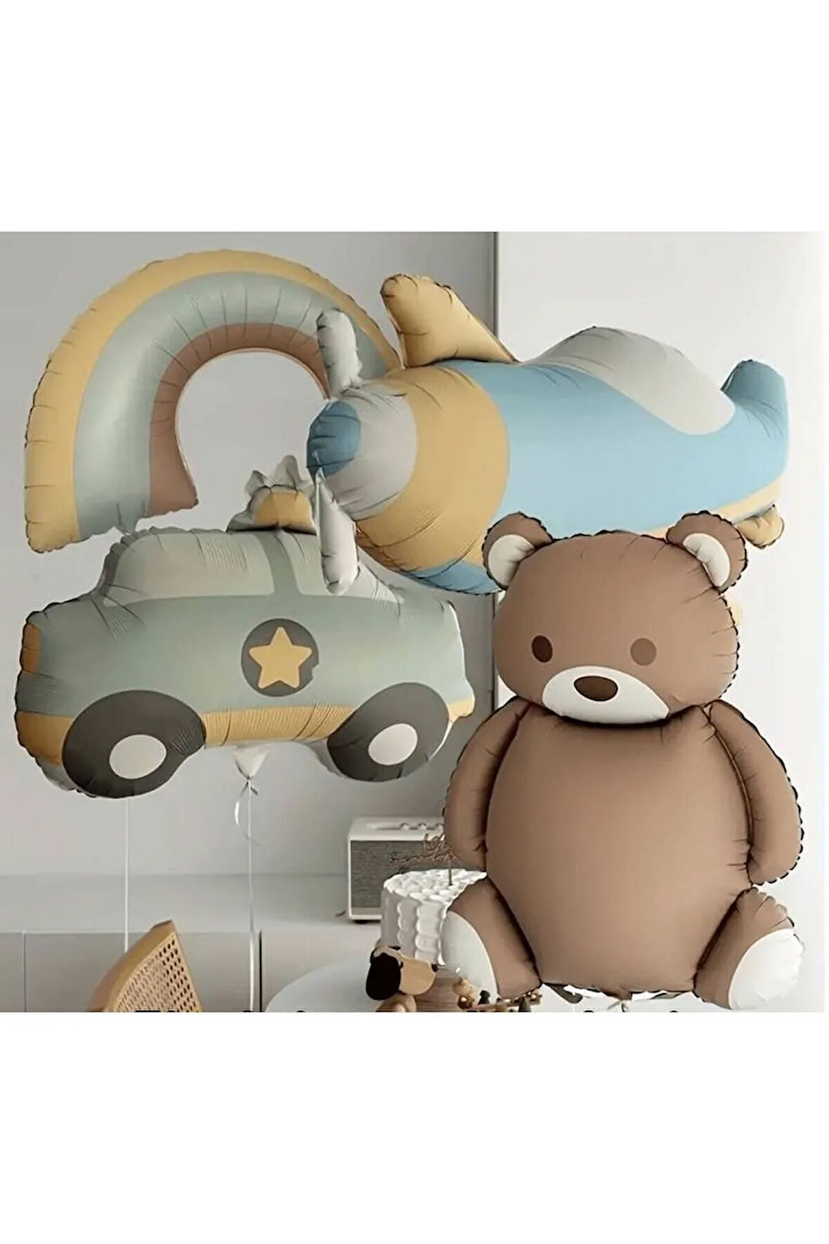 RETRO RENK AYICIK GÖKKUŞAĞI UÇAK POLİS ARABALI FOLYO BALON SET