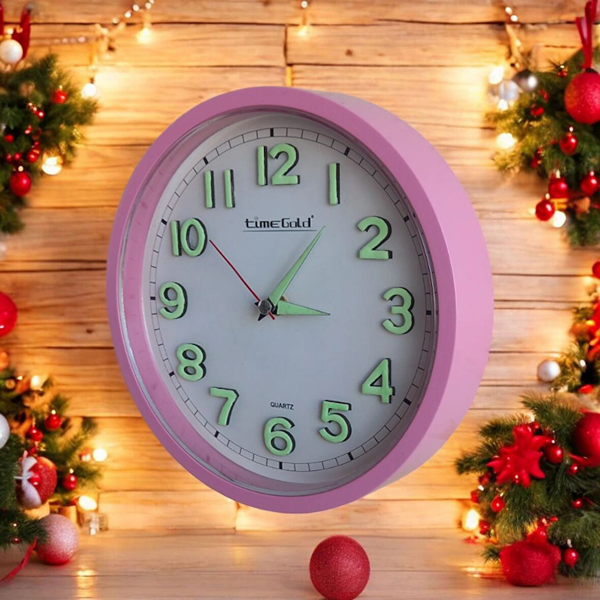 Fosforlu 3D Kabartma Rakam Kız Çocuk Odası Mini Küçük Duvar Saati Çap 22 Cm Pembe