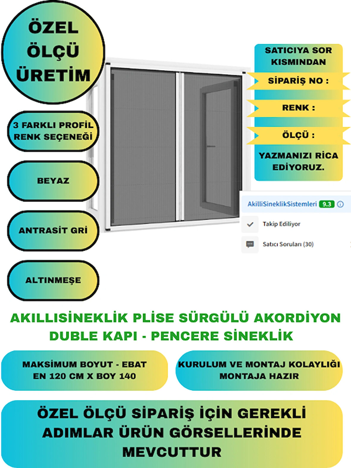 Plise Pileli Akordiyon Sürgülü Duble Kapı Sinekliği 0-120 En, 0-140 Boy