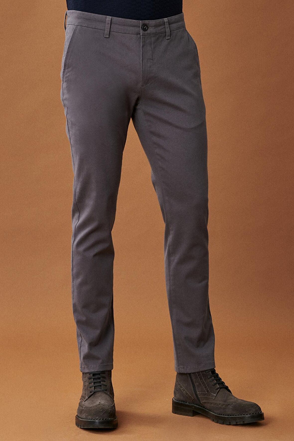Erkek Antrasit Kanvas Slim Fit Dar Kesim Yan Cep Esnek Chino Pantolon