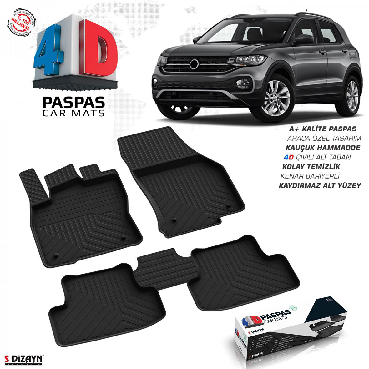 S-Dizayn VW T-Cross 4D Havuzlu Paspas 2019-2023 A+ Kalite