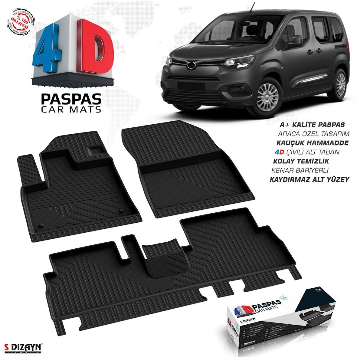 S-Dizayn Toyota Proace City 4D Havuzlu Paspas 2019 Üzeri A+Kalite
