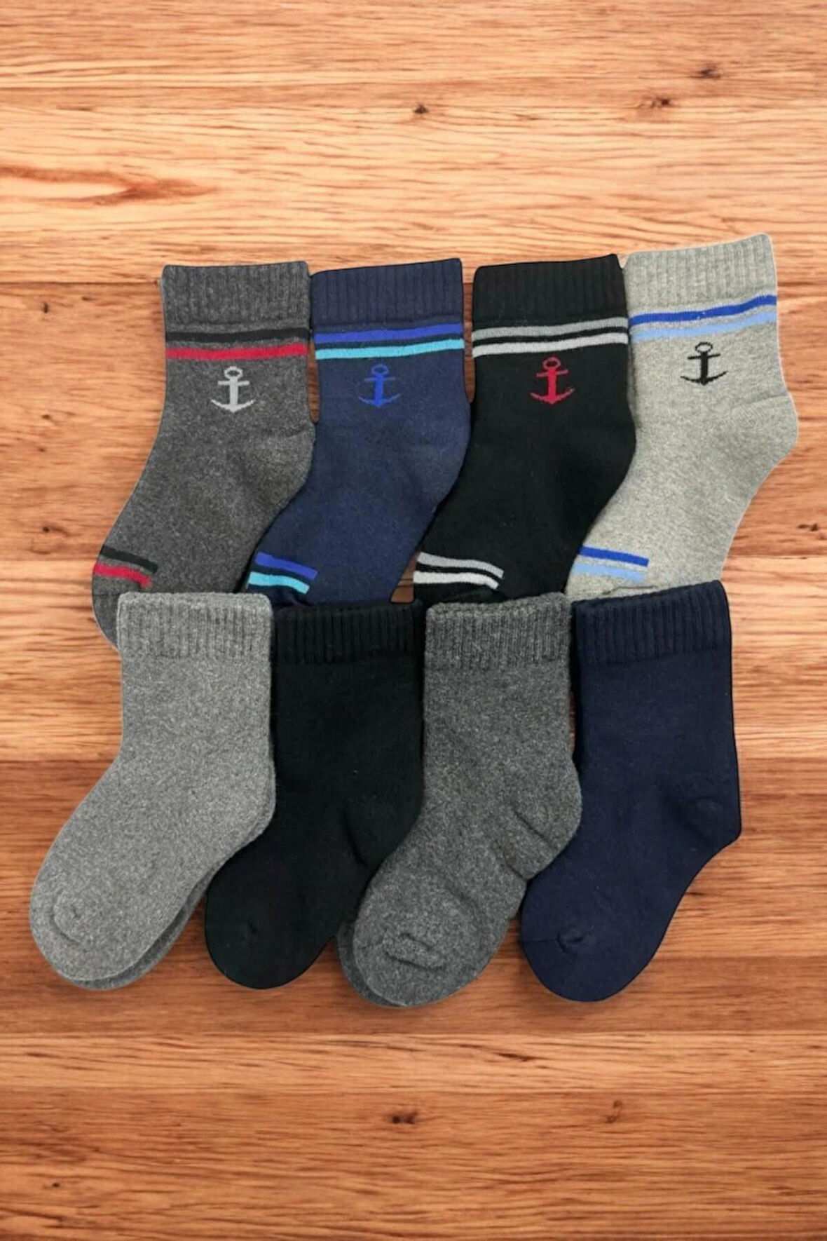 8 Çift Burun Dikişsiz Çapa Desenli Kışlık Kalın Havlu Çocuk Soket Çorap