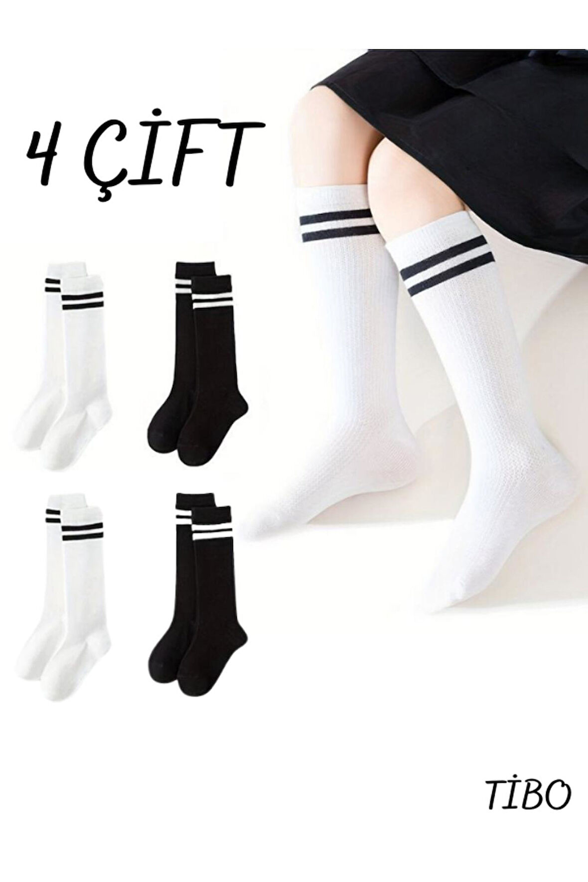 4 Çift Burun Dikişsiz Kız Çocuk Çizgili Dizaltı Kolej Çorap