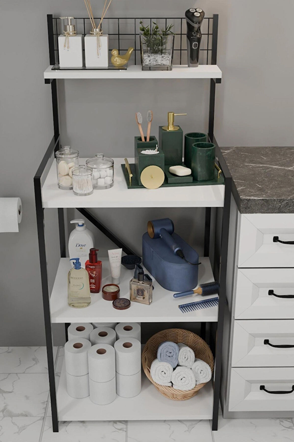 Steel Design 4 Katlı Banyo Rafı,Metal Çerçeveli Ahşap Raflı Çok Amaçlı Organizer,Temizlik Malzemesi Düzenleyici