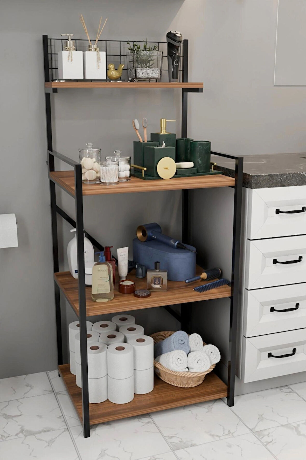 4 Katlı Banyo Rafı,Metal Çerçeveli Ahşap Raflı Çok Amaçlı Organizer,Temizlik Malzemesi  Düzenleyici