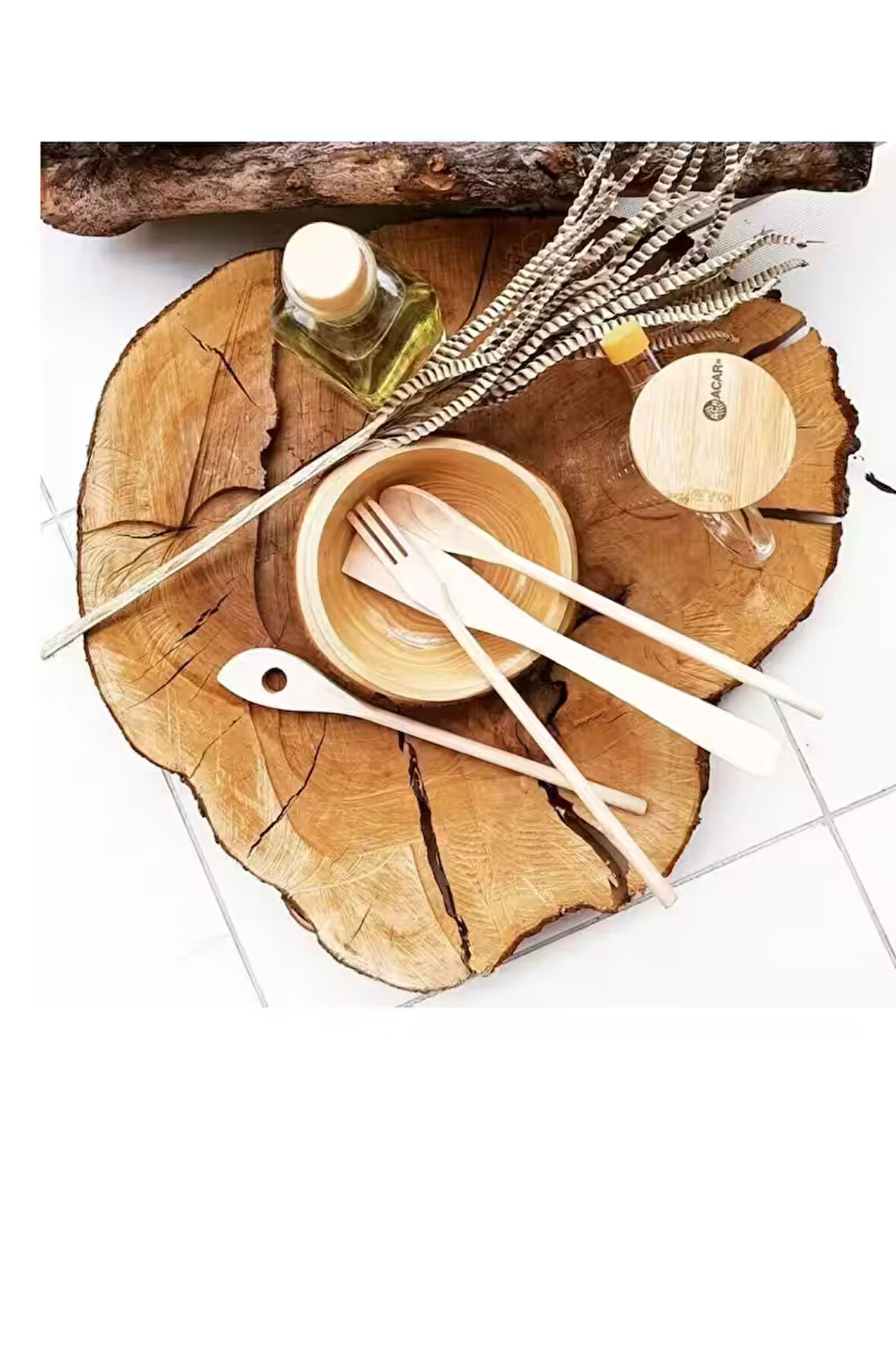 4 Parça Ahşap Kaşık Mutfak Seti Tahta Kaşık Çatal Spatula 30 cm - Natural