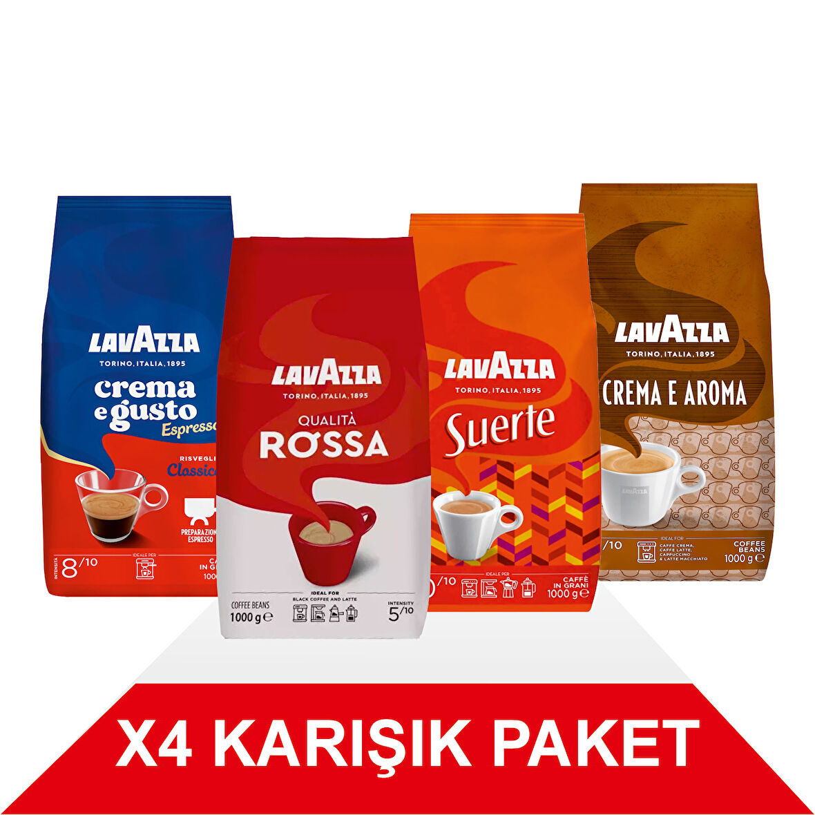 Crema e Gusto Classico + Qualità Rossa + Suerte + Crema E Aramo Çekirdek Kahve (1000gr) 4'Lü Paket