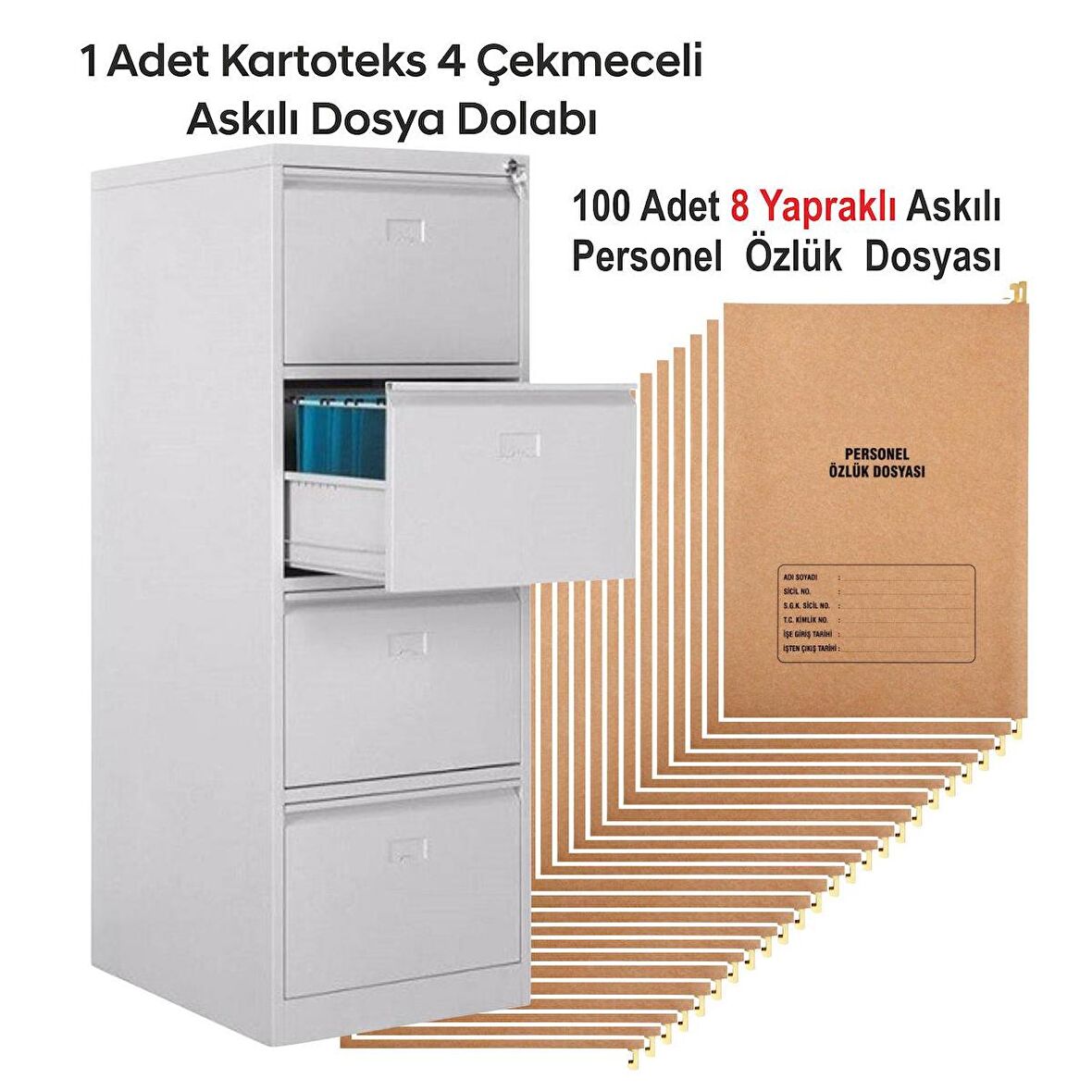 1 Adet Dört Çekmeceli Kartoteks Dosya Dolabı 100 Adet 8 Sayfalı Askılı Personel Özlük Dosyası Kampanyalı Fiyat