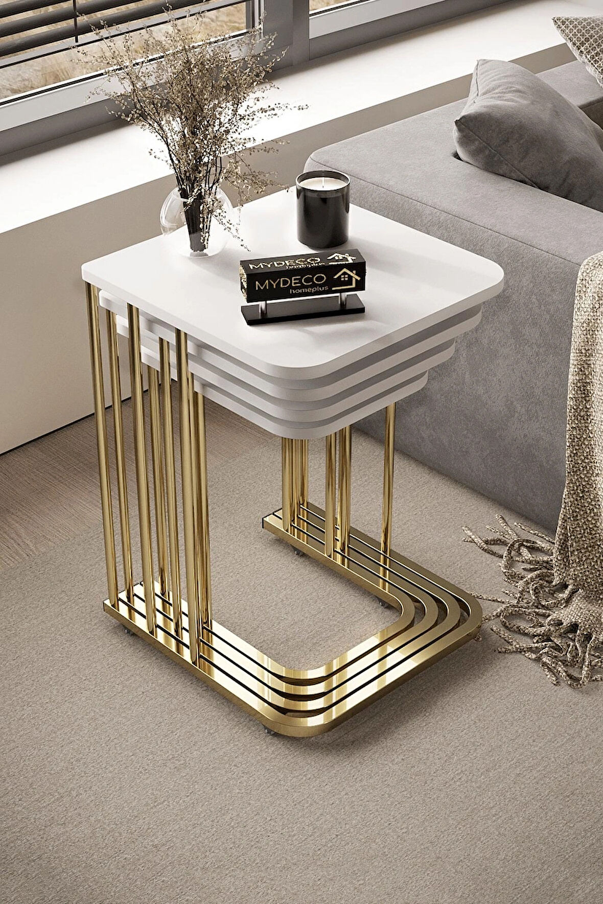 4'lü Zigon Sehpa Gold Ayak Beyaz 18 mm Mdf