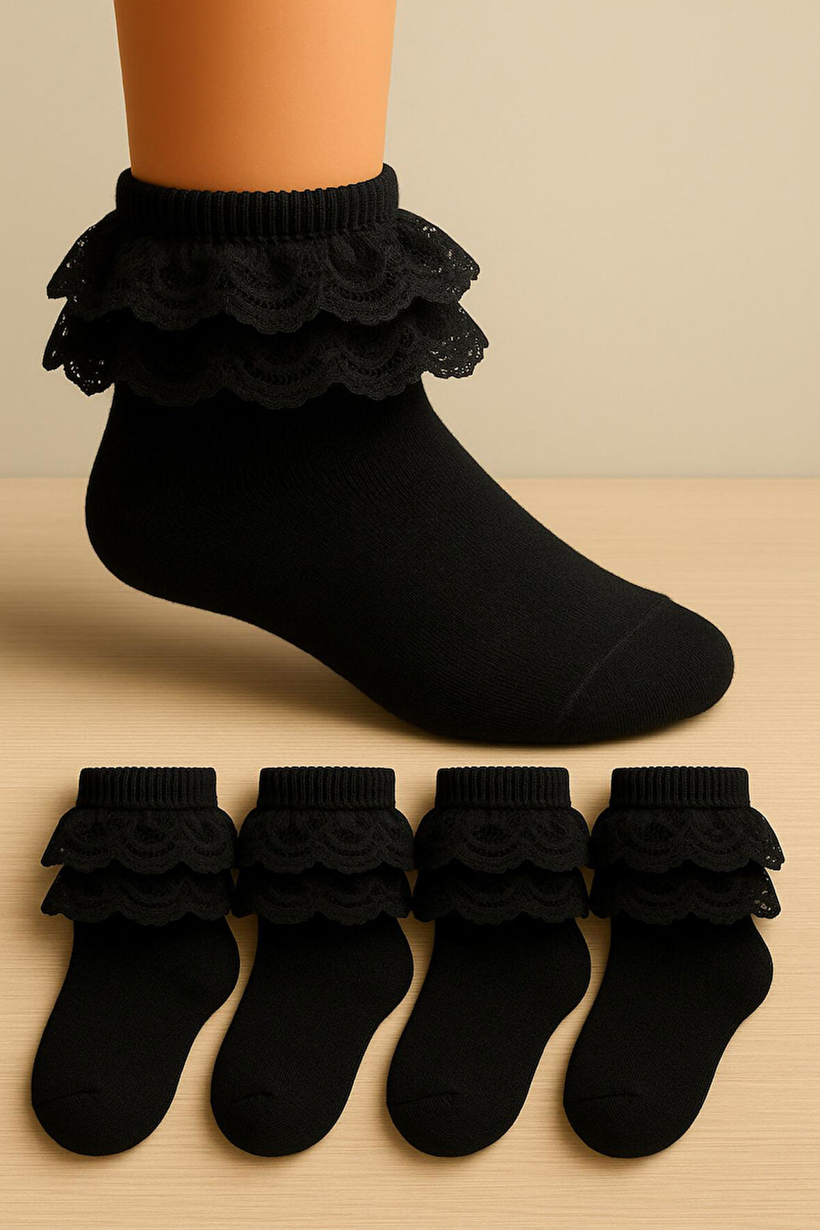 4 Çift Yumuşak Dantelli Dikişsiz Kız Çocuk Çorabı
