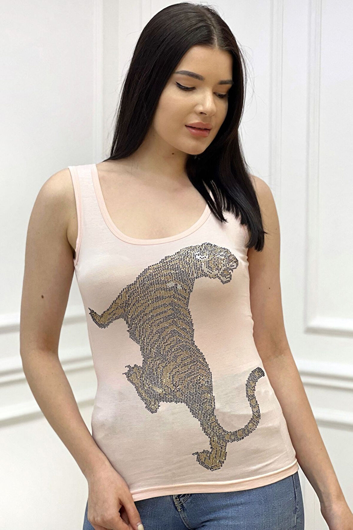 Leopar Crystal Taş Baskılı Dar Kesim / Slim Fit Pamuk Kadın Kolsuz Tshirt Kalın Askılı Atlet