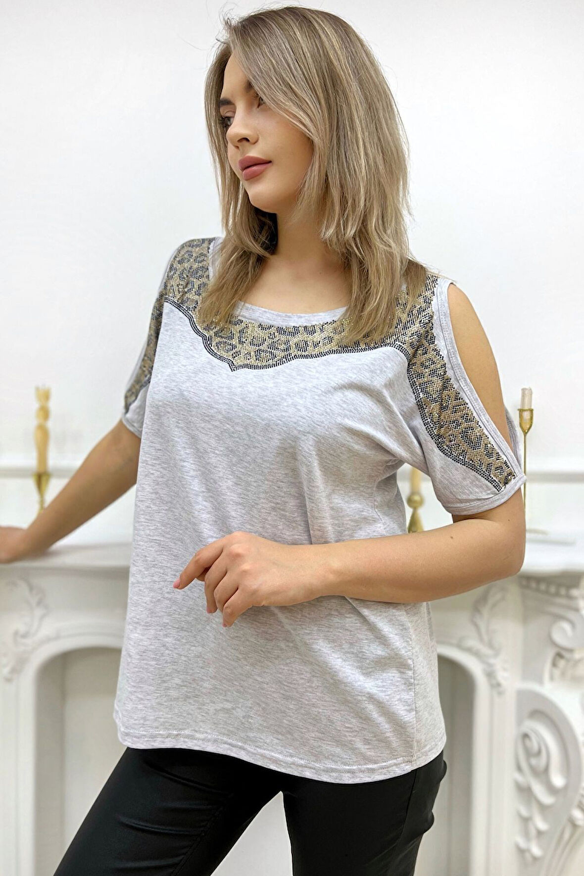 Bol Kesim Omuzları Açık Leopar Crystal Taş Baskılı Büyük Beden Gri Rahat Kadın Pamuk T-shirt