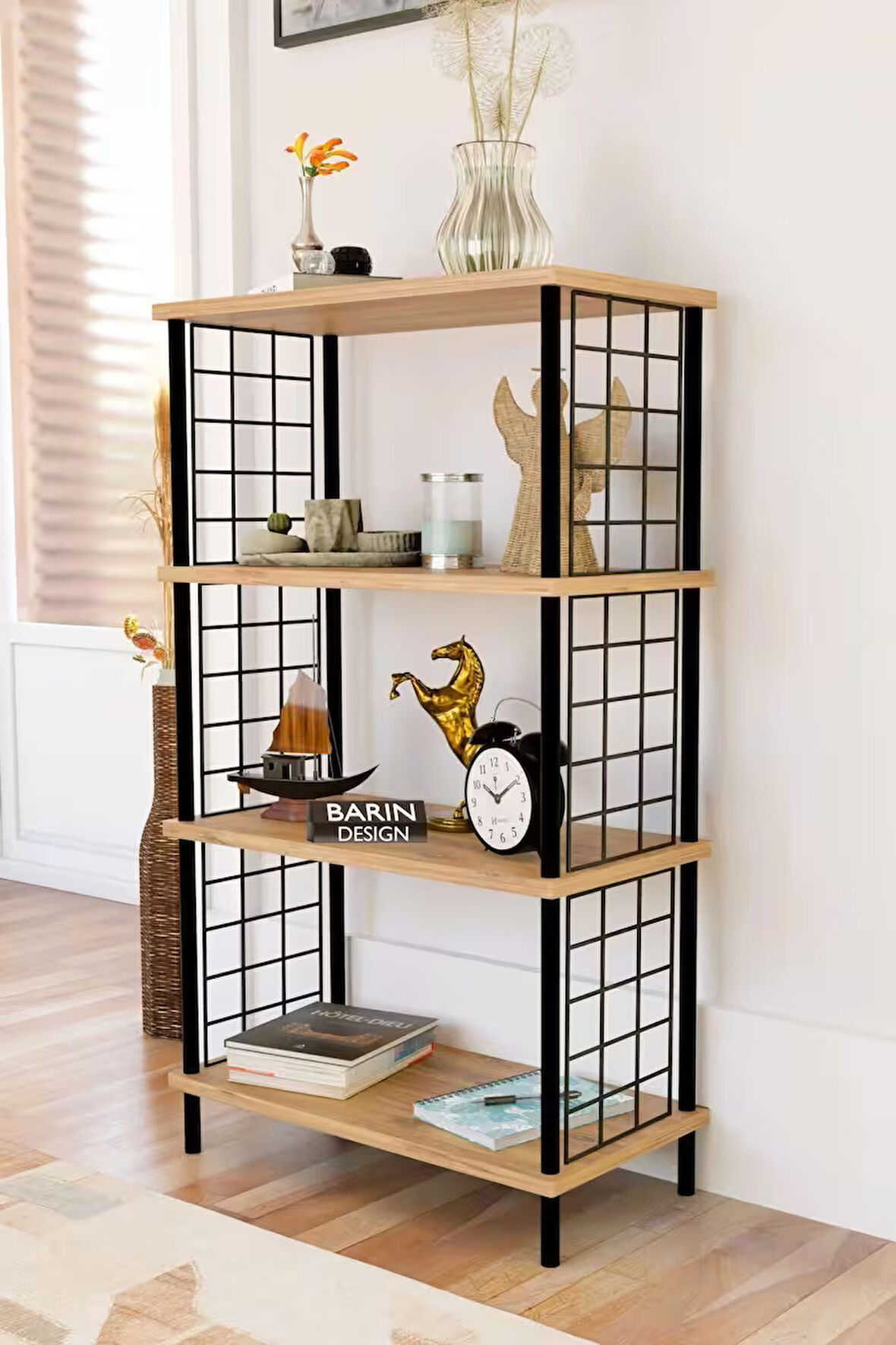  4 Katlı Çevir-Kur Sistemli Metal Yan Telli Ahşap Raf Çok Amaçlı Kitaplık, Dekoratif Düzenleyici