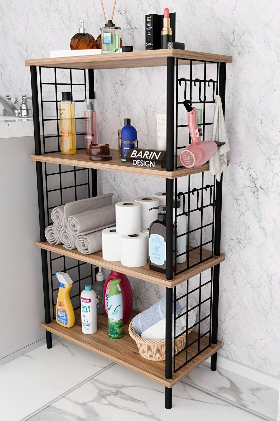  Çevir Kur Kolay Kurulum 4 Katlı Banyo Rafı | Metal Telli Çok Amaçlı Organizer Dolap Stand Raf
