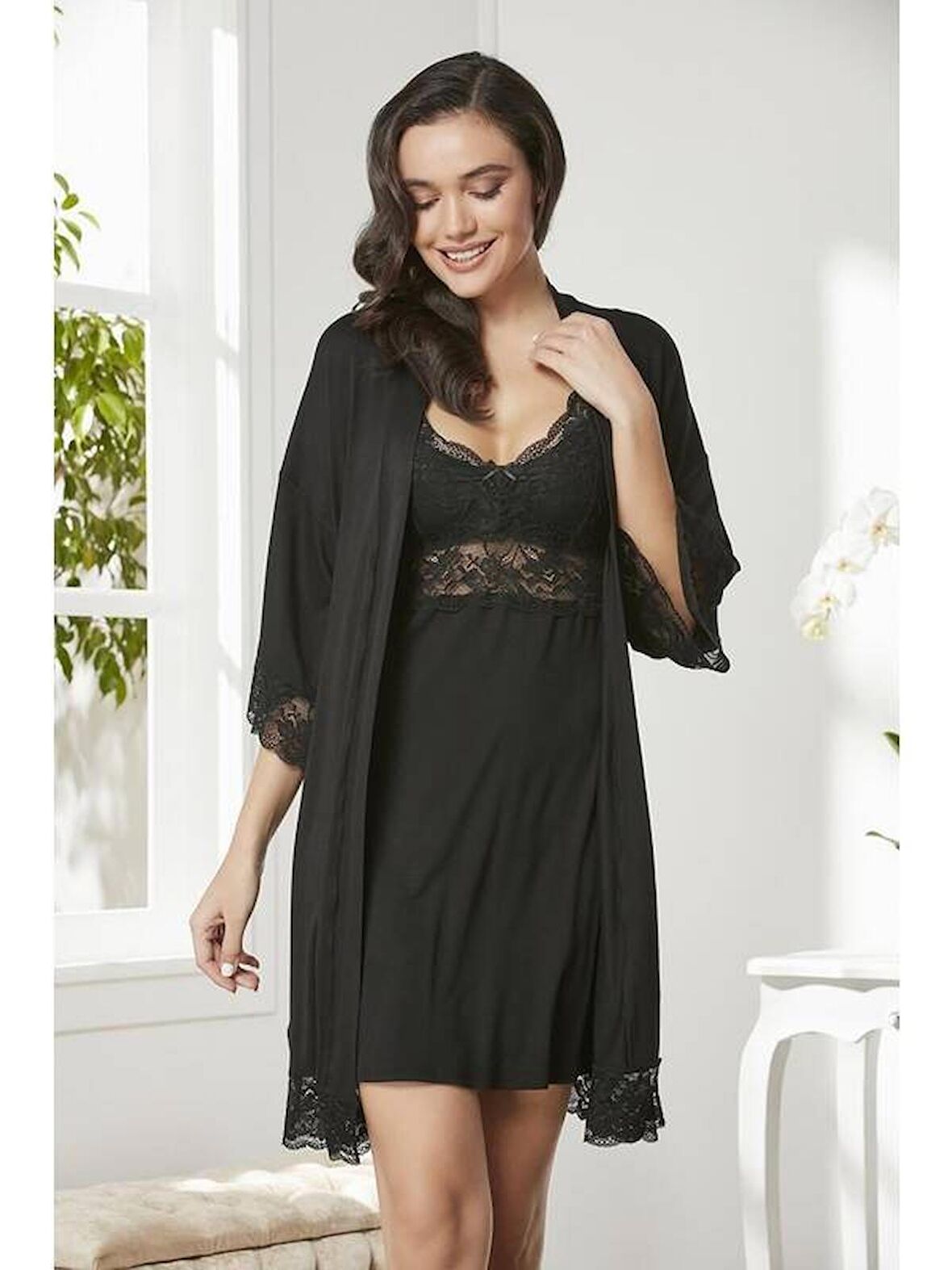 Pierre Cardin Dantelli Penye Gecelik Sabahlık Takımı Siyah